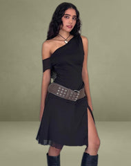 Carissa One Shoulder Chiffon Midi Dress in Black