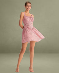 Pink Floral Ruched Corset Slip Mini Dress