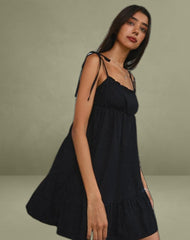 Nigta Tie Front Mini Dress in Poplin Black