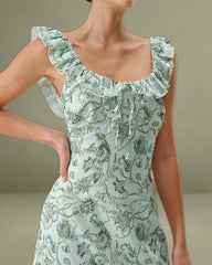 Green Floral Square Neck Ruched Midi Dress