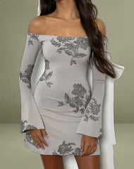 Kausar Off Shoulder Mini Dress in Lace Flower Grey