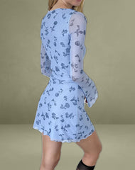 Sevila Long Sleeve Mini Dress in Inky Blue Floral Mesh