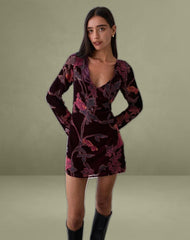 Alitra Mini Dress in Floral Devore Burgundy