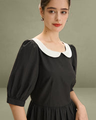 Black Contrasting Puffed Sleeve Maxi Dress