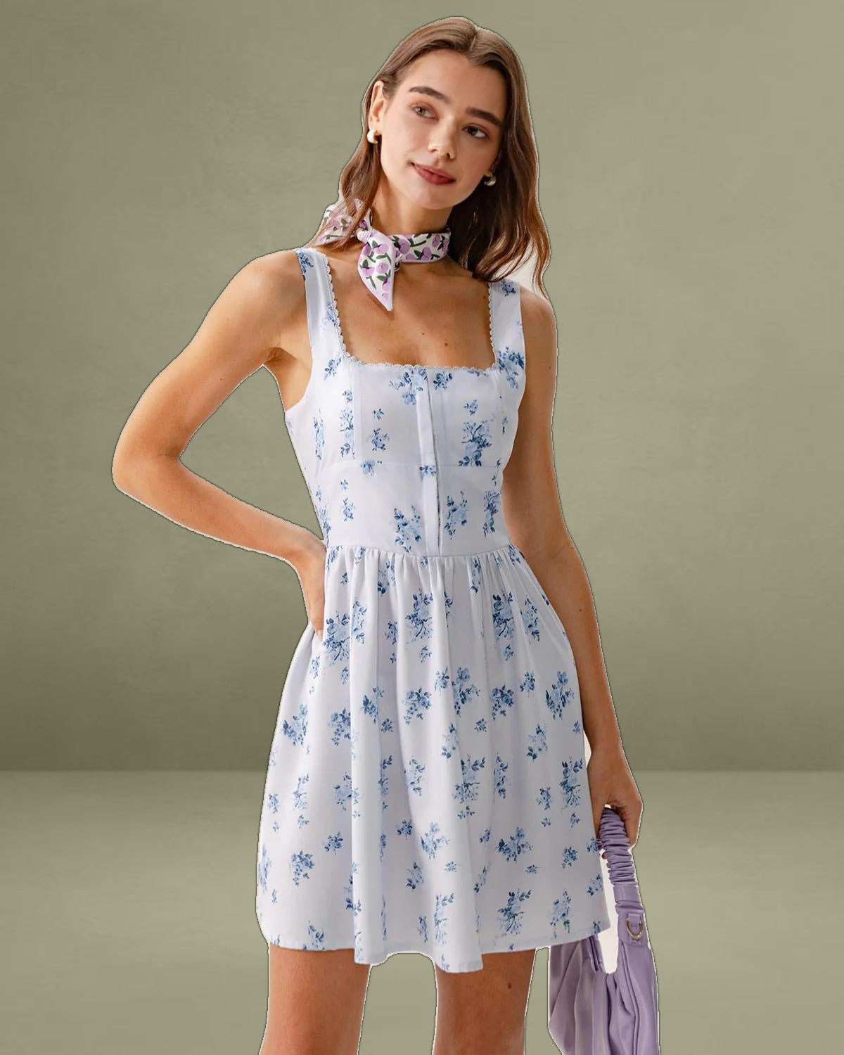 Blue Floral Square Neck Slip Mini Dress