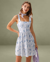 Blue Floral Square Neck Slip Mini Dress