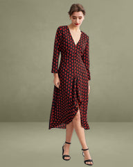 The Red V Neck Slit Long Sleeve Midi Dress