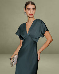 Grey Green Satin Cowl Sleeve Midi Dress