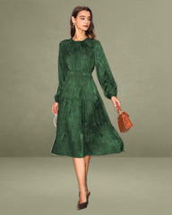 Green Jacquard Lantern Sleeve Midi Dress