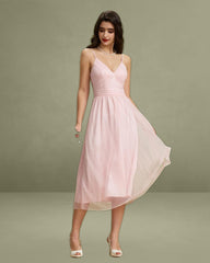 Pink V Neck Backless Slip Midi Dress