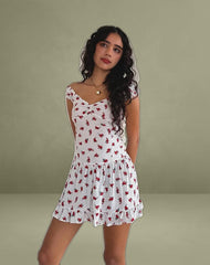 Aca Bardot Mini Dress in White Rose Polka