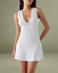Luscian Plunge Mini Dress in White with Micro Polka Black