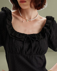 Black Embroidery Puffed Sleeve Maxi Dress