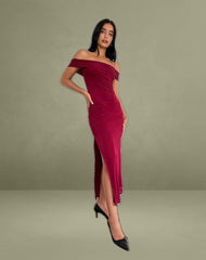 Tarna Bardot Maxi Dress in Mesh Burgundy