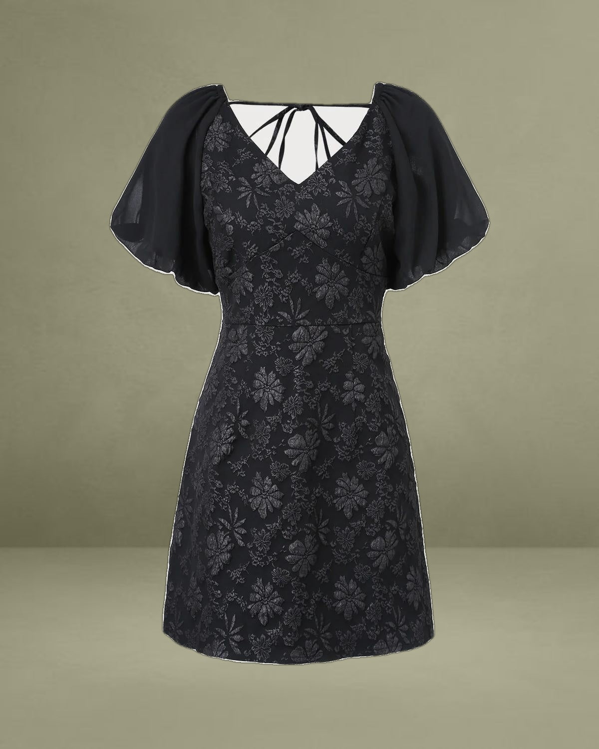 Black V Neck Shirred A-Line Mini Dress