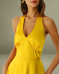Yellow Satin A-Line Halter Midi Dress