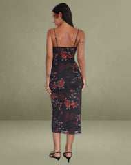 Nori Midi Dress in Watercolour Rose Black