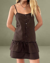Mailina Linen Button Up Mini Dress in Chocolate Brown
