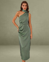 Green Satin One Shoulder Maxi Dress