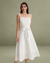 White Textured Square Neck Slip Midi Dress