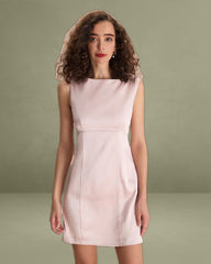 The Pink Boat Neck Bowknot Satin Mini Dress