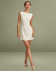 The Beige Boat Neck Back Bowknot Mini Dress