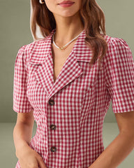 Red Plaid Pocket Button Mini Dress