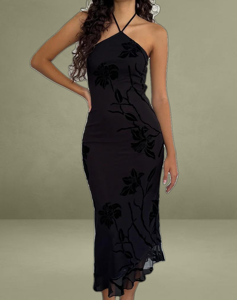 Ribka Halterneck Midi Dress in Orchids Flock Black