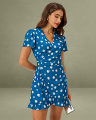Blue Floral A-Line Wrap Mini Dress