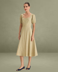 Green Sweetheart Neck Shirred Midi Dress