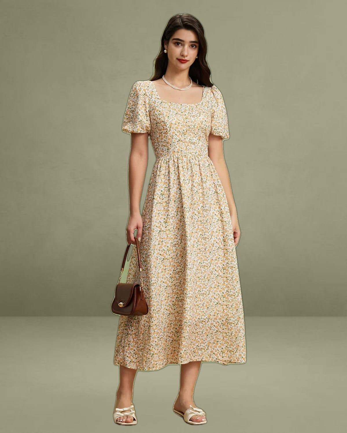 Yellow Floral Puffed Sleeve Midi Dress