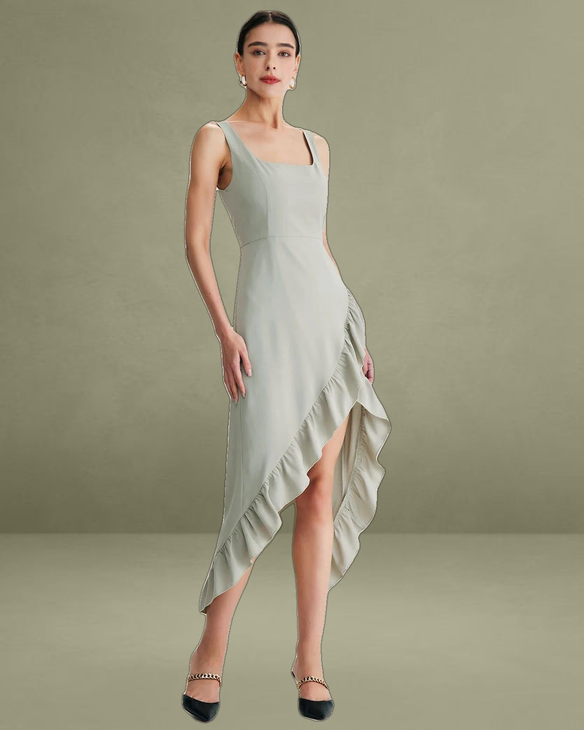 Green Ruffle Slit Slip Maxi Dress