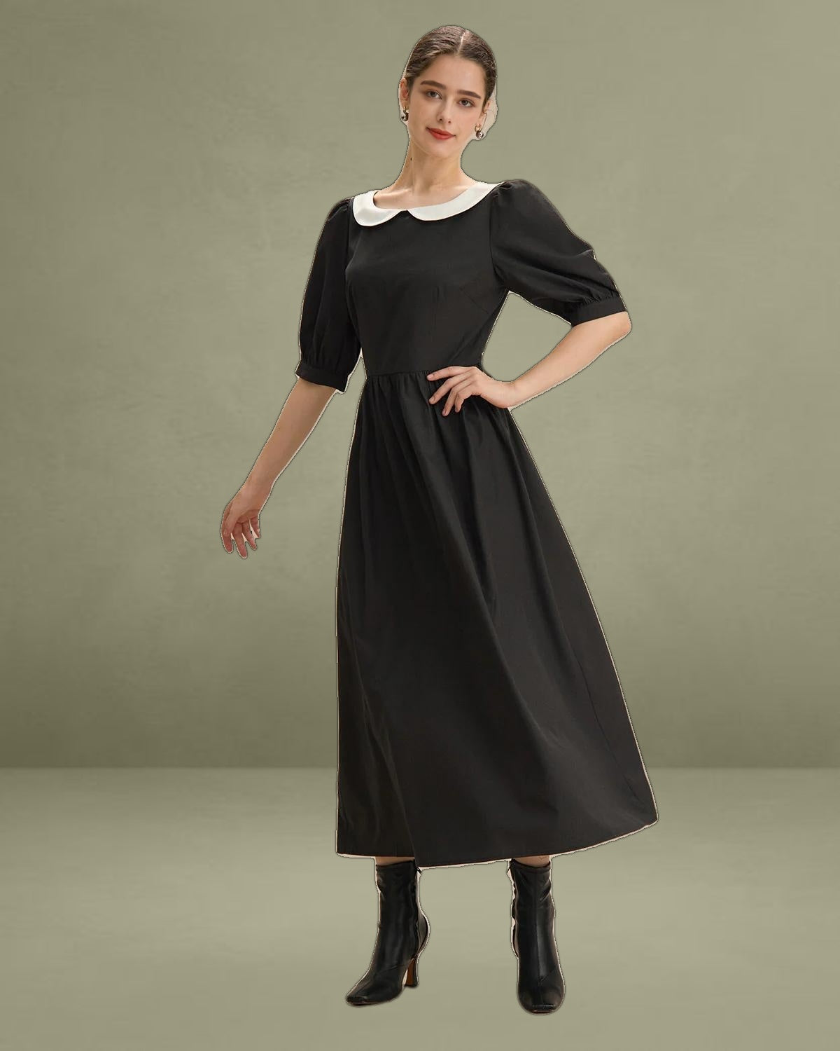 Black Contrasting Puffed Sleeve Maxi Dress