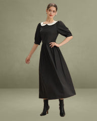 Black Contrasting Puffed Sleeve Maxi Dress