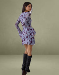 Sevila Long Sleeve Mini Dress in Lotus Flock Checked Lavender