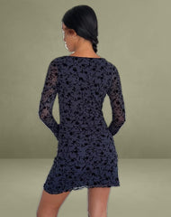 Sevila Long Sleeve Mini Dress in Flocked Petal Navy