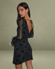 Dasa Long Sleeve Mini Dress in Big Polka Flock Black