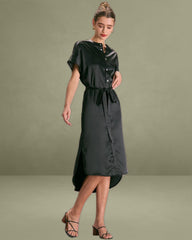 The Black Crew Neck Belted Satin Midi Dress