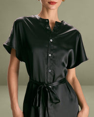 The Black Crew Neck Belted Satin Midi Dress