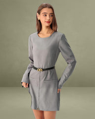 Grey A-Line Long Sleeve Mini Dress