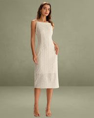 Beige Textured Beaded Slip Midi Dress