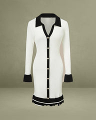 White Contrasting V Neck Button Dress