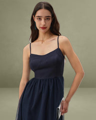 Blue Shirred Flowy Slip Maxi Dress