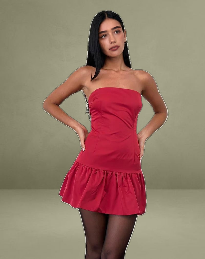 Denama Puffball Mini Dress in Deep Red