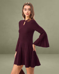 Purple A-Line Bell Sleeve Sweater Dress