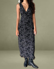 Gabriela Midi Dress in Vine Flocked Floral Ocean Storm