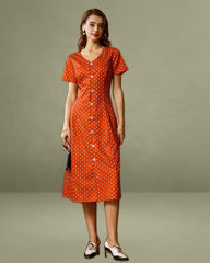 Red Polka Dot Button Midi Dress