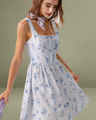 Blue Floral Square Neck Slip Mini Dress