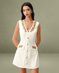 White Floral V Neck Sleeveless Mini Dress