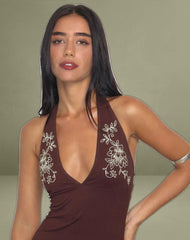 Hepzhi Mini Dress in Bitter Chocolate with Floral Embroidery